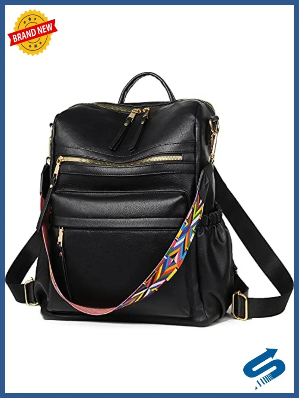 PU Leather Travel Backpack with Multiple Pockets, U-Shaped Zipper, Detachable